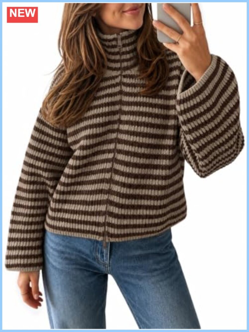 Womens Striped Zip Up Knit Cardigan Mock Neck Loose Fit Fall Sweater